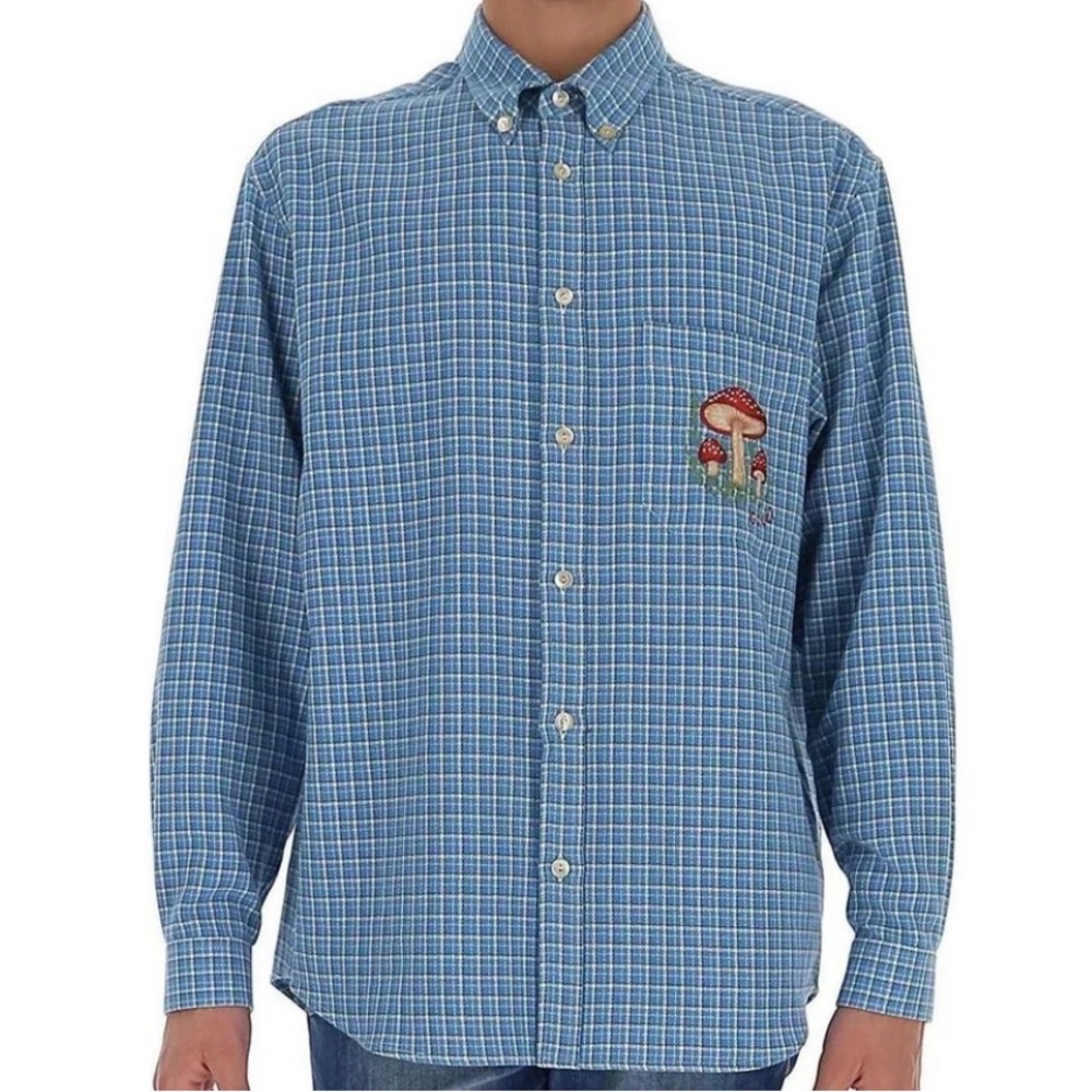 Gucci Mushroom Embroidery Check Unisex Shirt 'Blue' NWOT Size 50